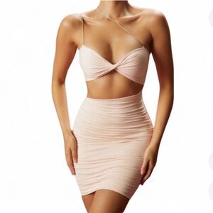 Oh Polly Nude Ruched Asymmetric Mini Dress